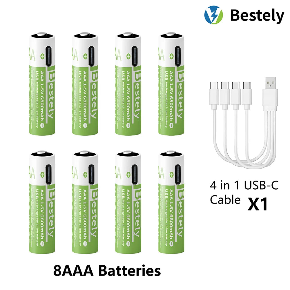 AAA Battery Rechargeable 2000+ Cycles 1.5V 6800mAh Li-ion Type-C Charging Triple Safety Long-Lasting Power Batteries Oasis Select 8 pcs AAA Batteries