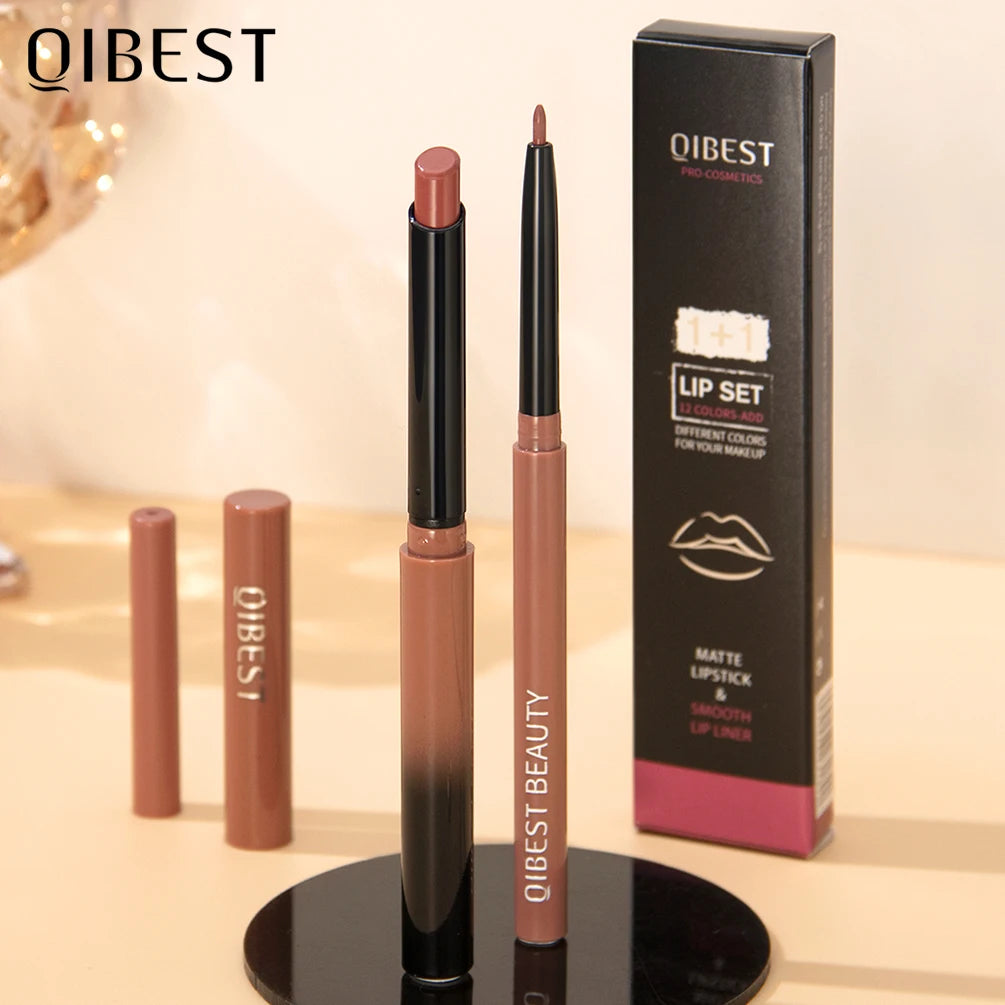 QiBest Matte Nude Lipstick & Lip Liner Set – Waterproof 2-Pc