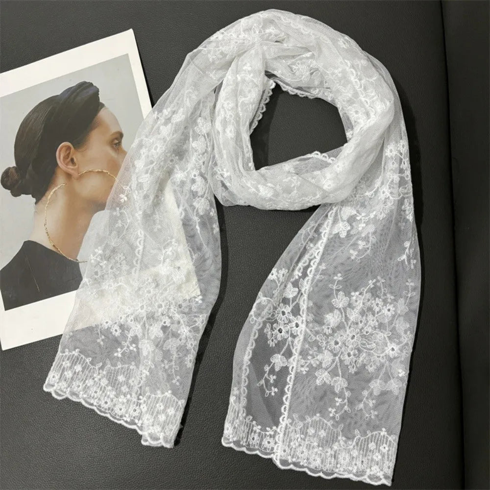 Retro Embroidered Flower Lace Scarf Breathable Mesh Long Sunscreen Shawl Lightweight Female Headscarf Spring Oasis Select Style 1