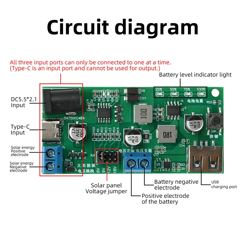 Mini MPPT Solar Charging Control Module DC5-18V 2.5A Type-C DC Terminal 3 Input Ports 5V2.1A USB Discharge For 3.7V 18650 Oasis Select