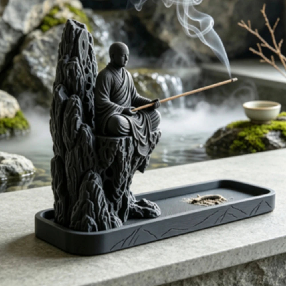 Mountain Monk Stick Incense Holder 3D Printed Incense Burner Tray Cliff Monk Figurines Censer for Tea Room Meditation Yoga Decor Oasis Select