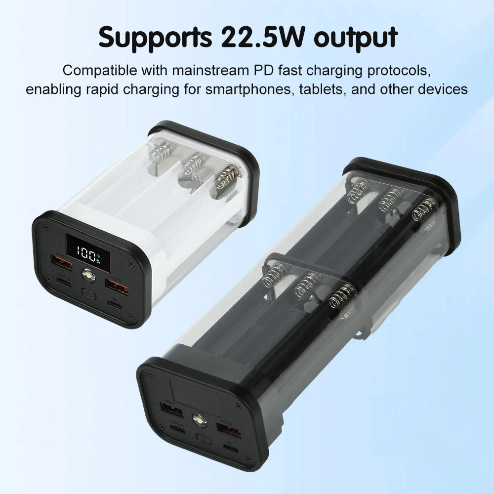 22.5W 6/12*18650 Power Bank Case Mobile Power DIY Case No Soldering Battery Box Charging Power Bank Kit Fully Transparent Shell Oasis Select