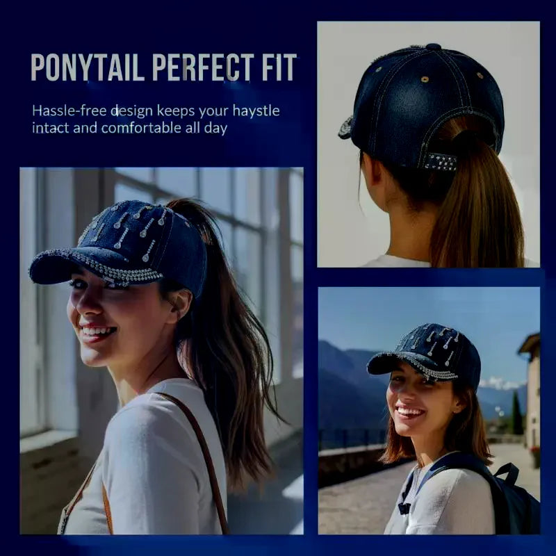 Sparkling Rhinestone Denim Baseball Cap for Women Bling Crystal Decor Adjustable Casual Outdoor Sun Hat Adjustable Cowboy Hat Oasis Select
