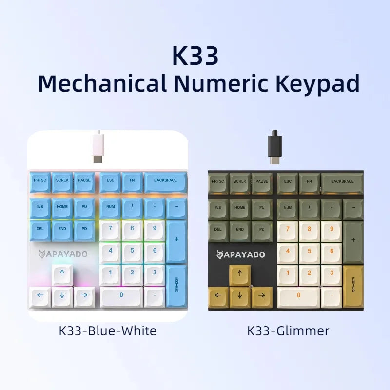 APAYADO K33 Mechanical Numeric Keyboard with Blue Shaft, Mini 33 - Key,PBT Keycaps and Vivid RGB Lights, Tailored for Accountin Oasis Select