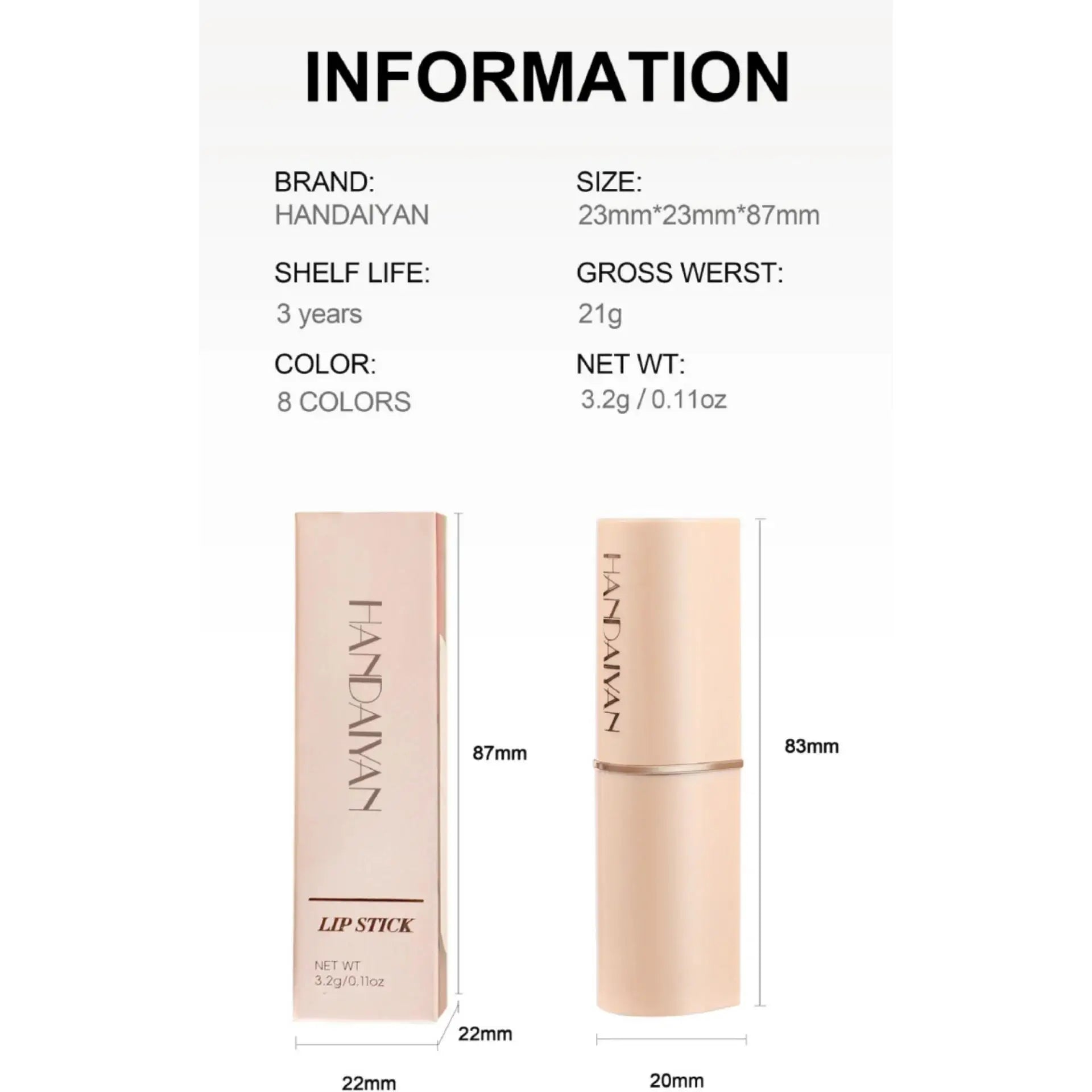 Handaiyan Matte Velvet Lipstick – Waterproof, 8 Colors