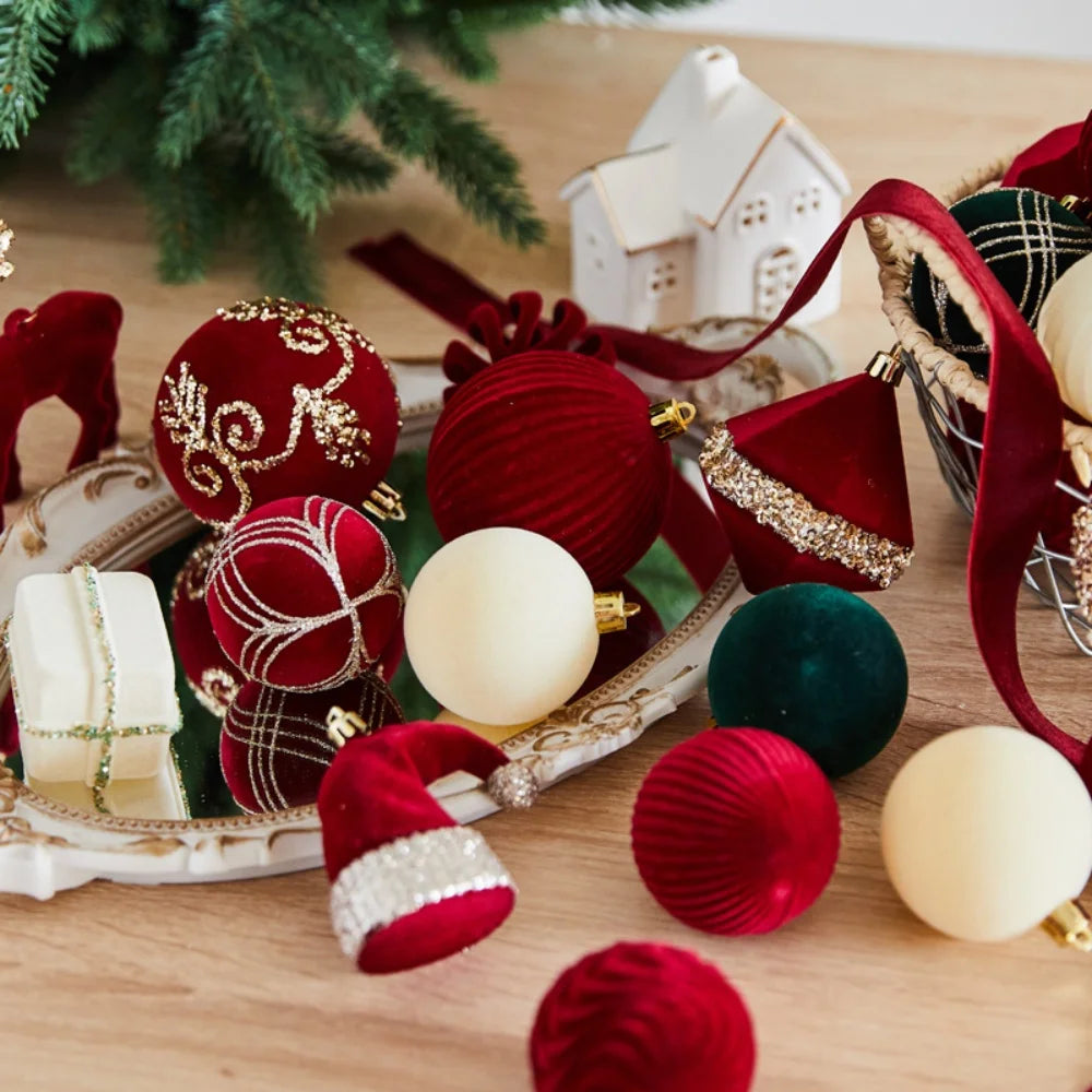 Wine Red Velvet Flocked Christmas Ball Ornaments | Elk Wreath