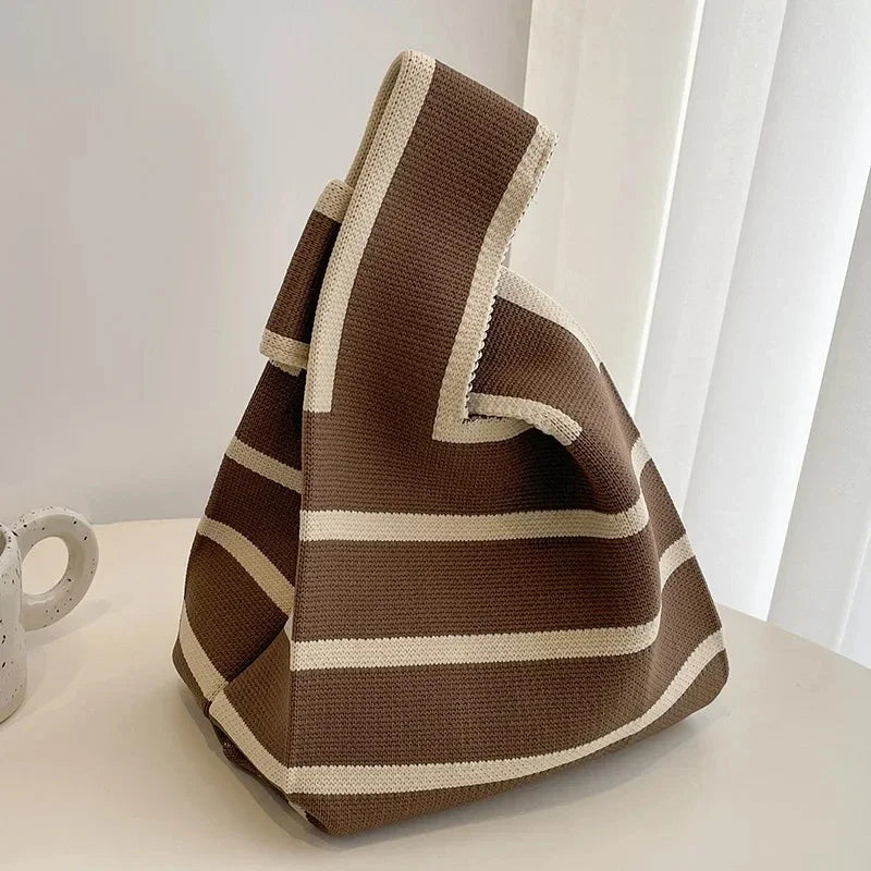 Women Handmade Knitted Small Handbag Casual Wrist Bag Wide Stripe Stripe Shopper Mini Tote Student Reusable Shoulder Bag Oasis Select