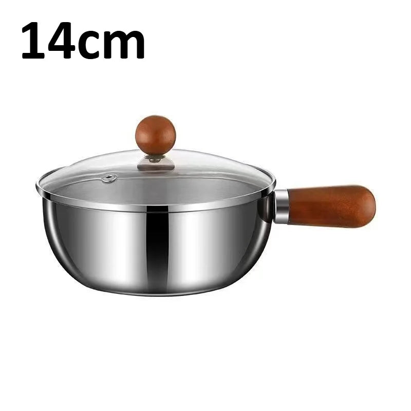 1pc Korean Ramen Pot with Lid, Stainless Steel Wooden Handle Noodle Cooker, 1-2 Person Instant Noodles Pot Induction Compatible Oasis Select 14cm with lid