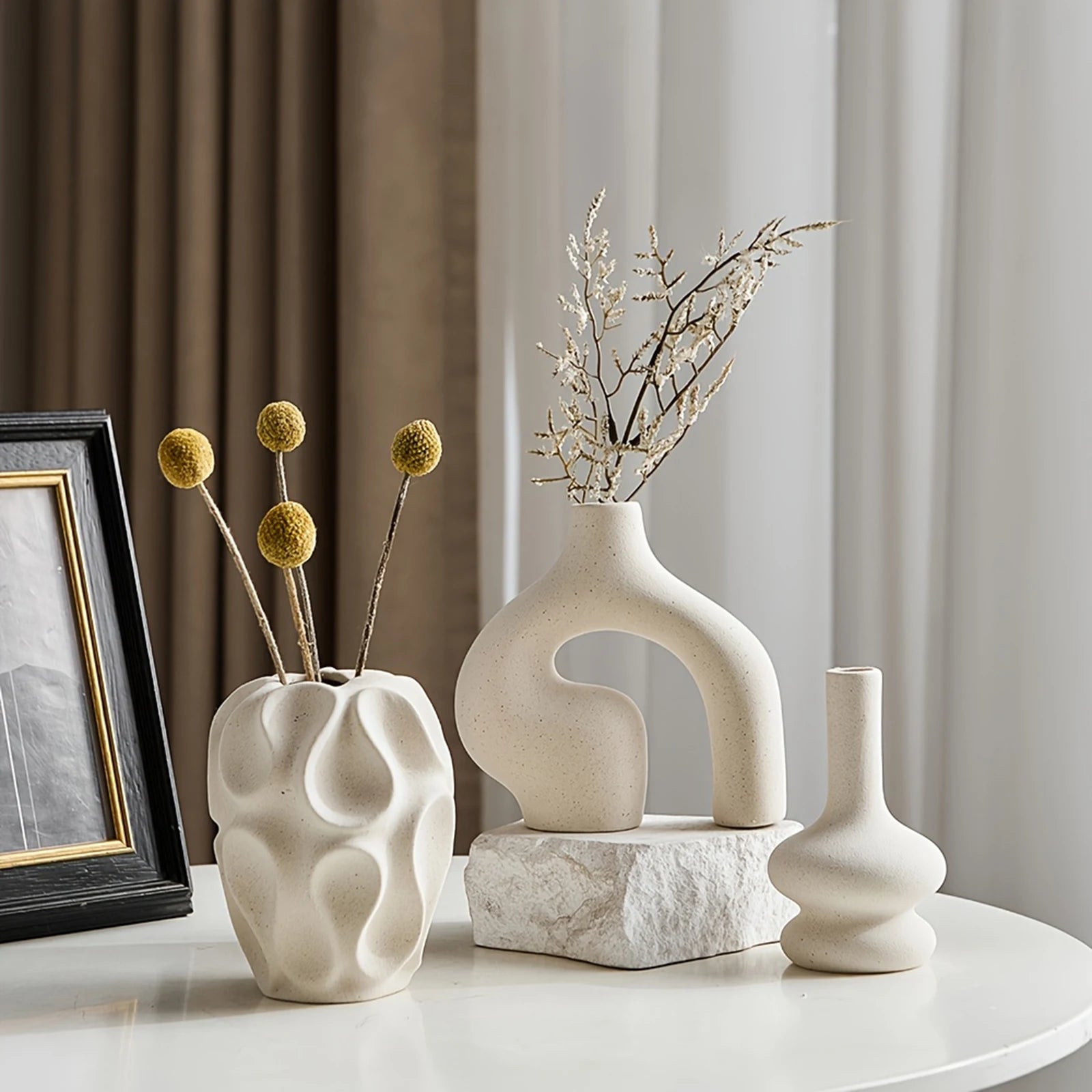 3pcs Bohemian Ceramic Vase Set Modern Minimalist Round & Donut Shape Geometric Pattern Perfect For Fashion Home Decoration Oasis Select
