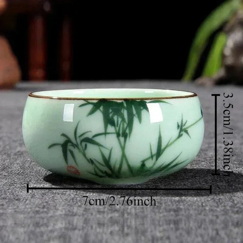 Tea Cup Ceramic 1PC Celadon Hand-painted Landscape Lotus Carp Tea Bowl Chinese Style Host Mountains and Waters Oasis Select