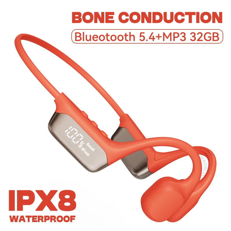 #IPX8 Waterproof Bone Conduction Wireless Headphone Bluetooth 5.4+32GB RAM MP3 Player HIFI Music Sport Swimming Headset With Mic Oasis Select OrangeRed 32GB