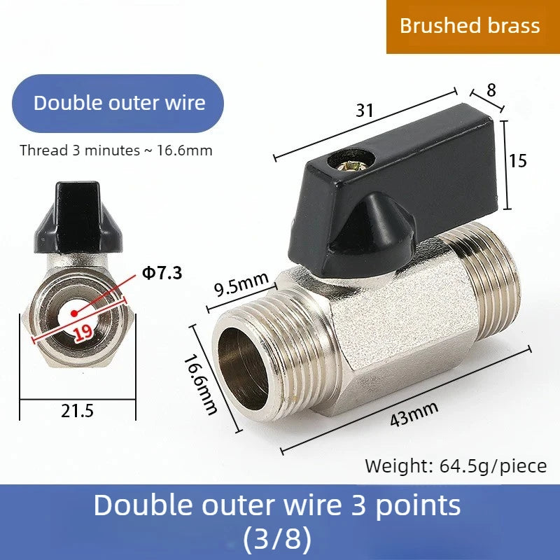 Mini Ball Valve Switch Water Pipe PT1/8, 1/4, 3/8, 1/2 Gas Electric Copper Ball Valve Double Inner and Outer Wire Teeth Oasis Select Double Outer 3 A 1PCS