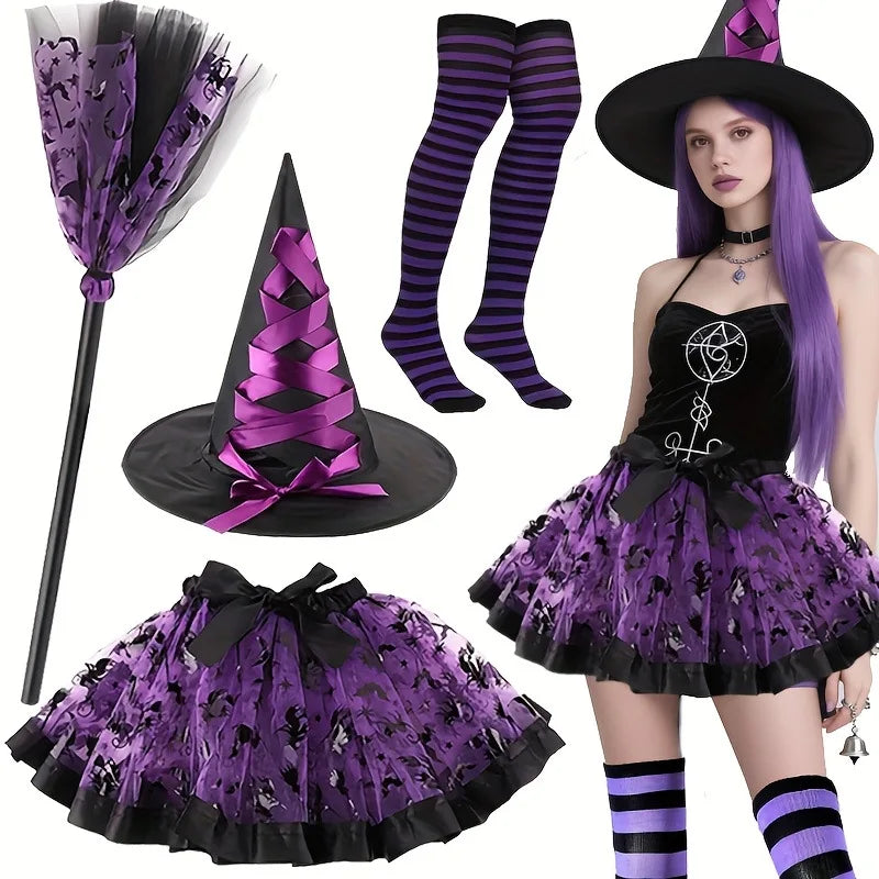 Halloween Party Witch Costume Set for Adults - Tulle Skirt + Witch Hat + Bat Accents, Purple Witch Outfit Oasis Select
