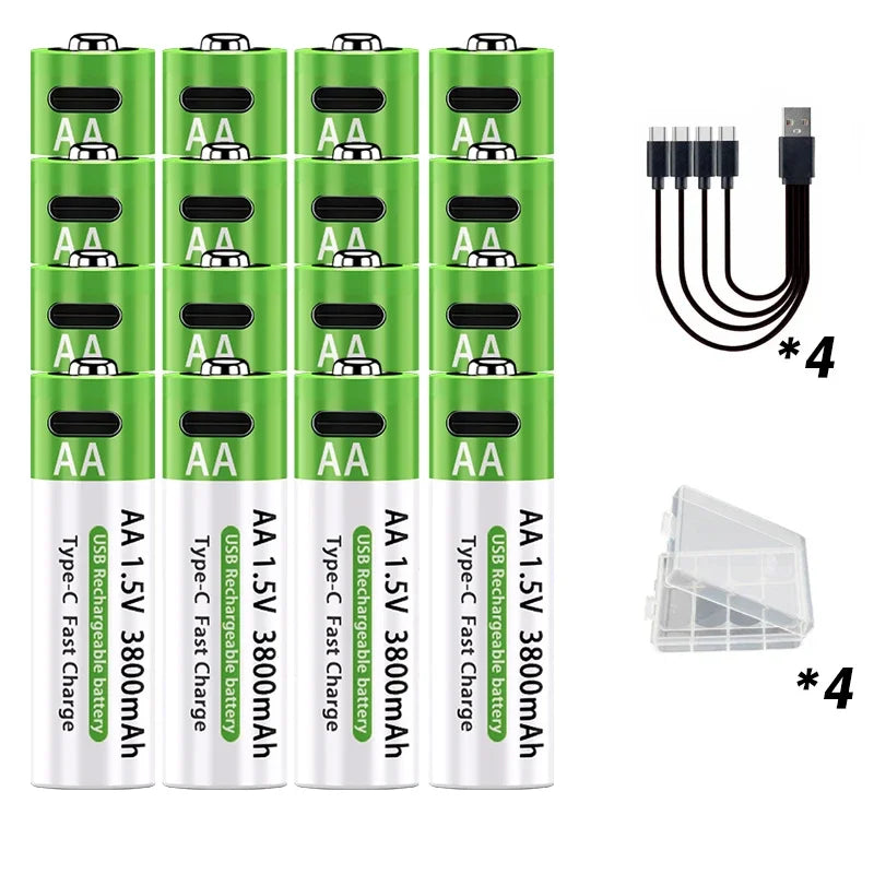 2026 Hot Li-ion AA Rechargeable Batteries USB Lithium-ion 3800mAh 1.5V AA Rechargeable Batteries+ Data Cable and Storage Box Oasis Select 16PCS 1.5V
