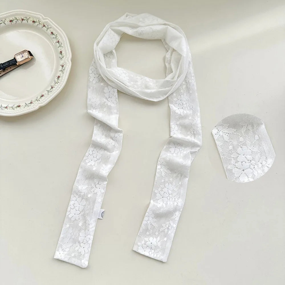 French Style Lace Long Scarf Dots Flower Elegent Hair Band Neckerchief Multi-functional Dressing Decoration Neck Strap Women Oasis Select 2-White