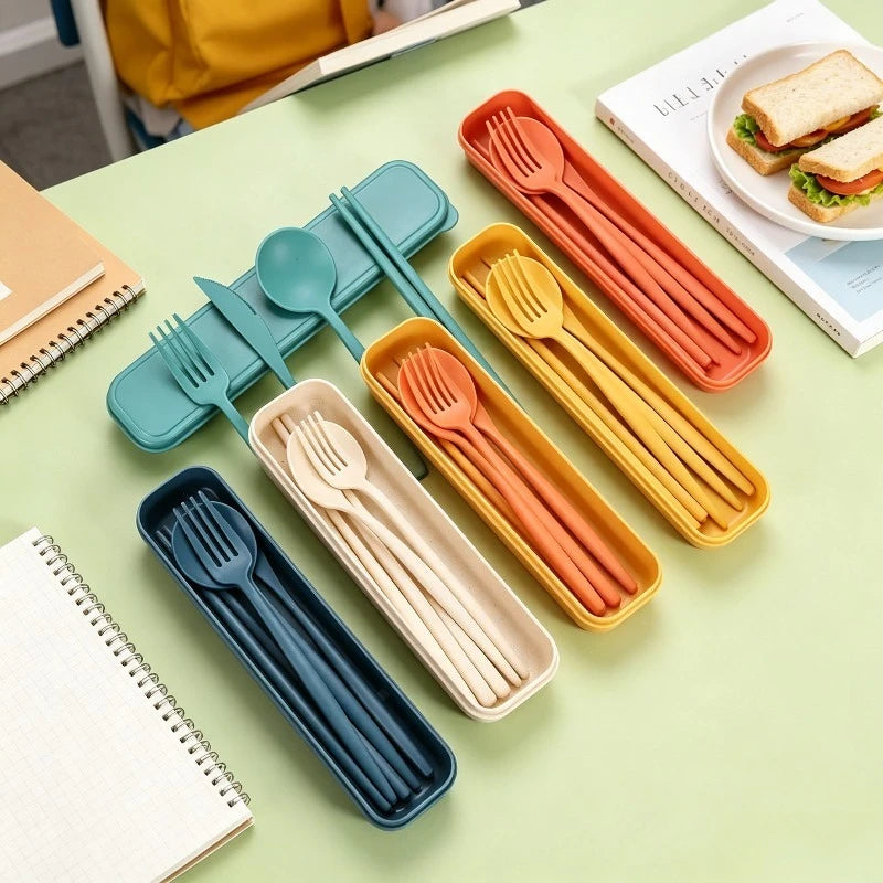 Portable Wheat Straw Dinner Utensil Kit Eco Friendly Spoon Fork Knife Chopstick Box for Travel Camping Oasis Select