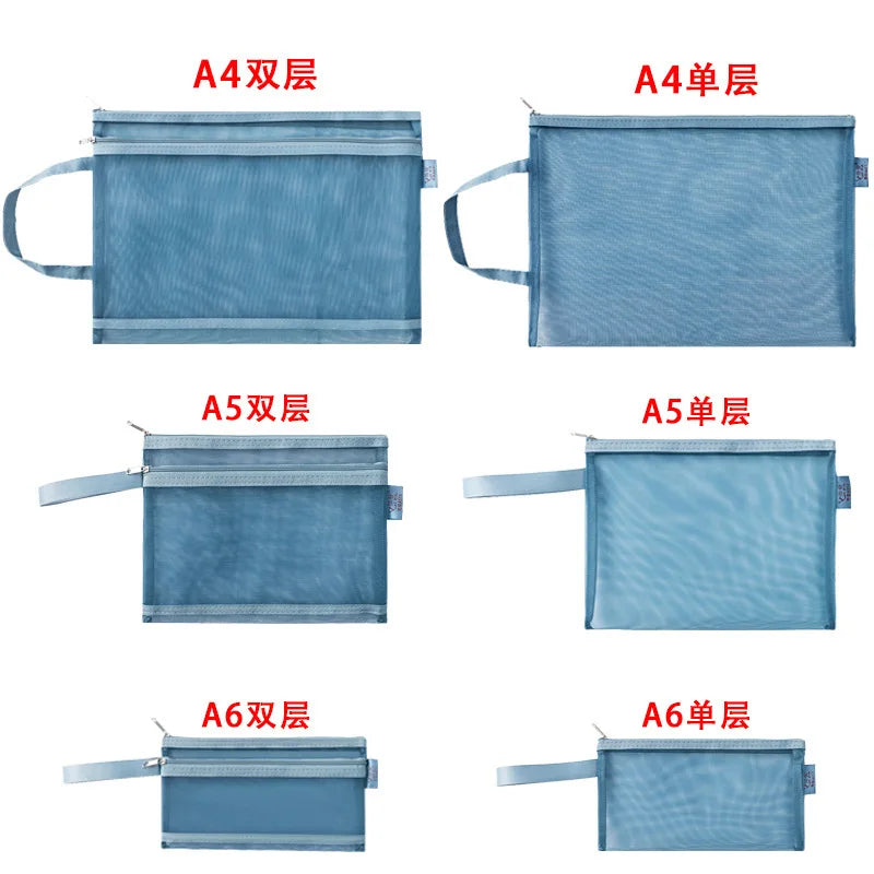 Morandi Double-layer A4 File Bag Test Paper Storage Bag A5A6 Mesh Pen Bag Transparent Office Classification Receipt Bag Oasis Select
