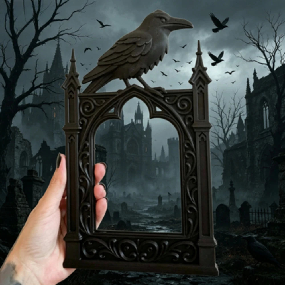 Black Gothic Crow Photo Frame Spooky Cathedral Style Decor Halloween Occult Aesthetic Picture Frame Occult Display Photo Frame Oasis Select