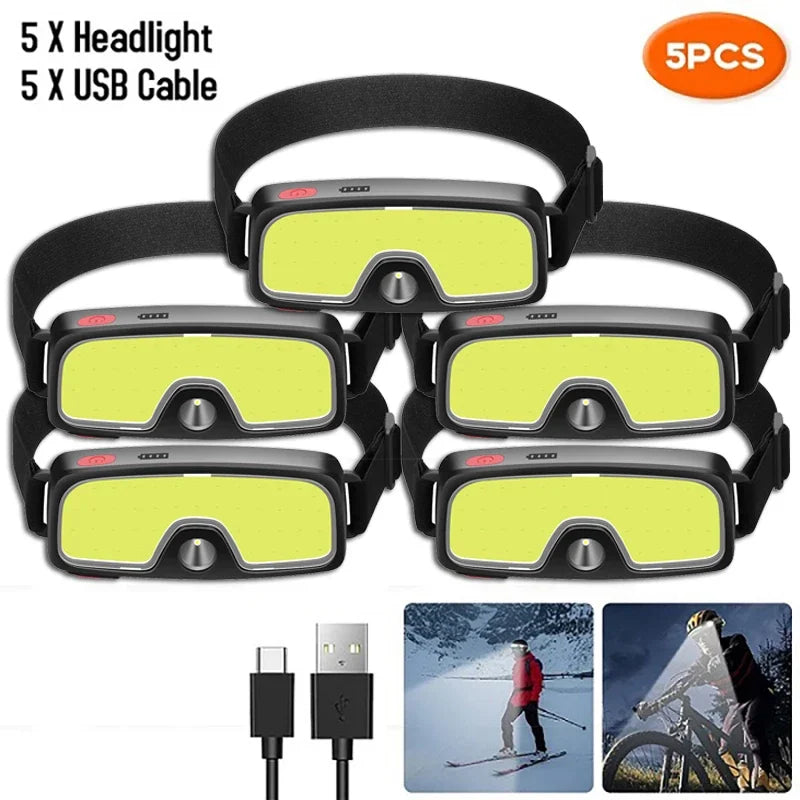 USB Rechargeable COB LED Headlamp Built-in Battery Super Bright Head Flashlight Outdoor Waterproof Camping Fishing Headlight Oasis Select 5pcs StyleB
