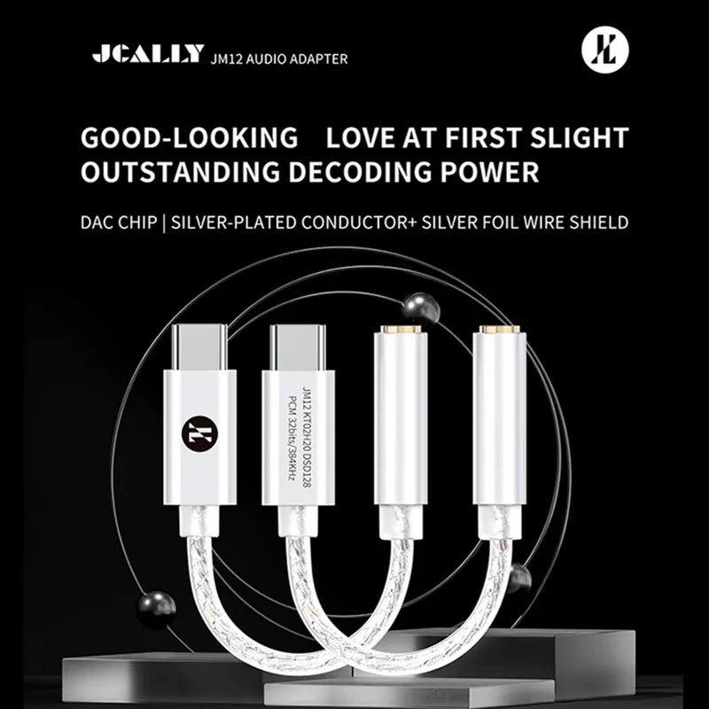 JCALLY JM12 Digital Audio Adapter DAC Chip KT02H20 Hi-Fi Audio Decoder Type-C to 3.5mm Earphone Amplifier 32bits/384KH DSD128 Oasis Select