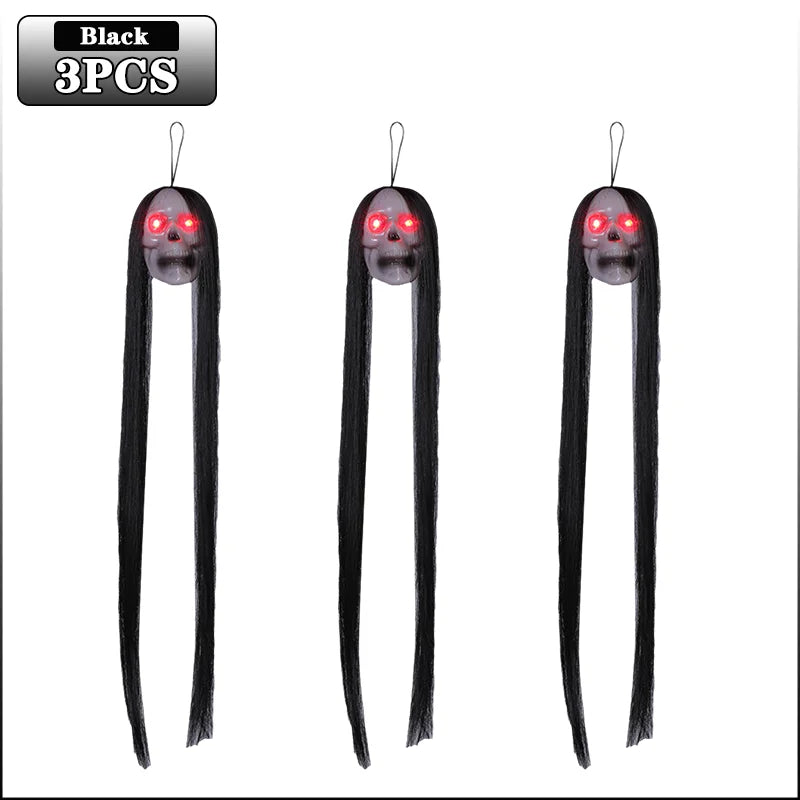Halloween Hanging Ghost Skull with Long Hair Glowing Eyes Terror Skull Ghost House Head Skeleton Props 2024 Halloween Decoration Oasis Select 3PCS