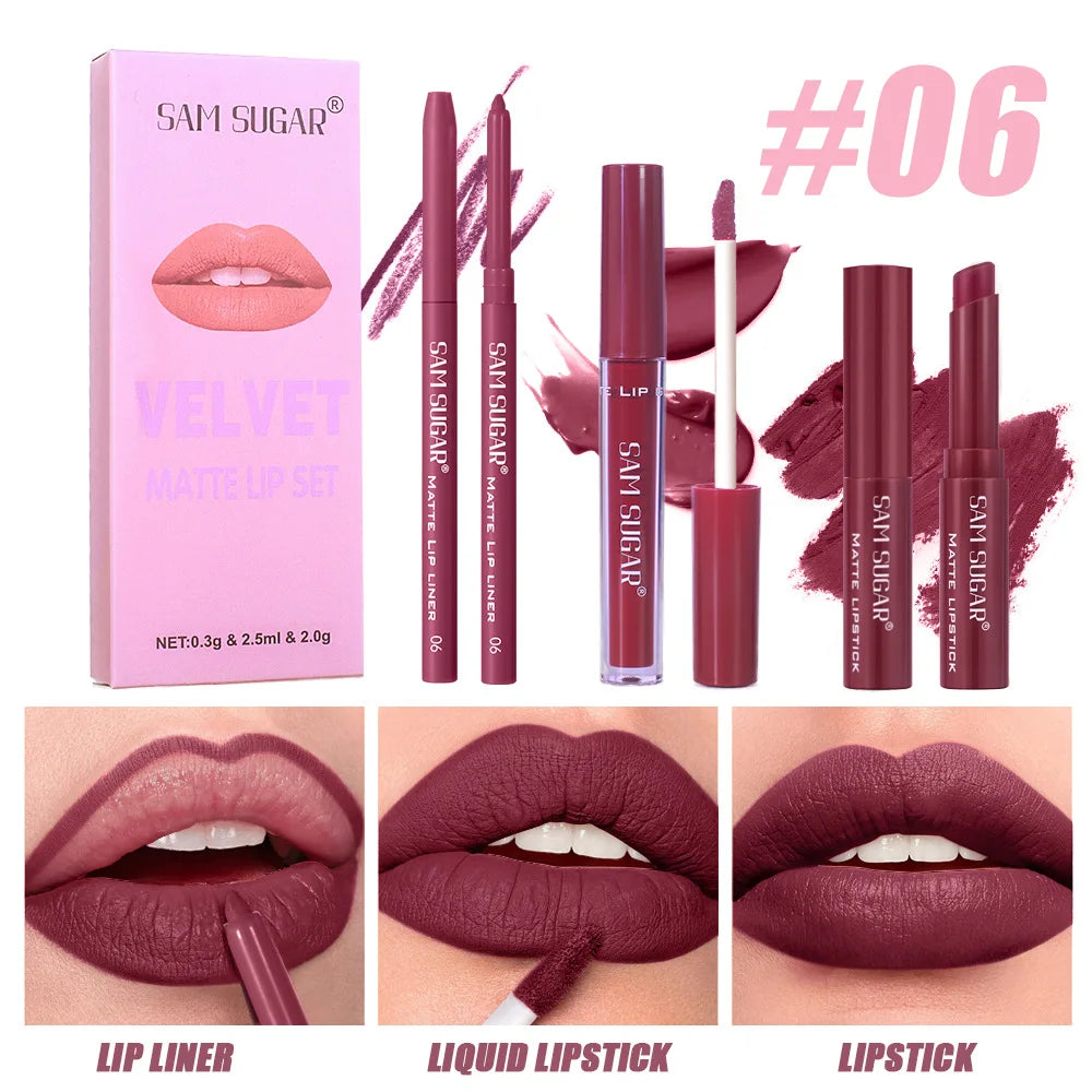 SAM SUGAR 3-in-1 Matte Lip Kit – Liner, Lipstick & Gloss Set