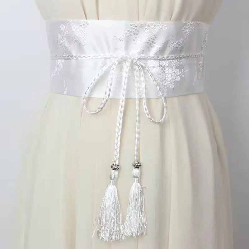 Vintage Floral Embroidered Waistband For Women Elegant Chinese Style Bow Tie Wrap Around Belt With Tassels For Dress Clothing Oasis Select B