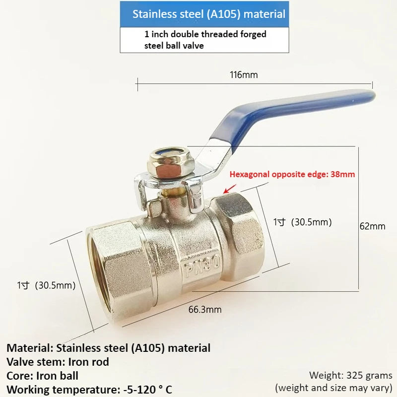 Stainless Steel Double Inner Thread Ball Valve 1/2 "3/4" 1 1.2 1.5 2 Inch BSPT Diameter Ball Valve Water Gas Oil Switch Oasis Select DN25 1 inch Double inner thread