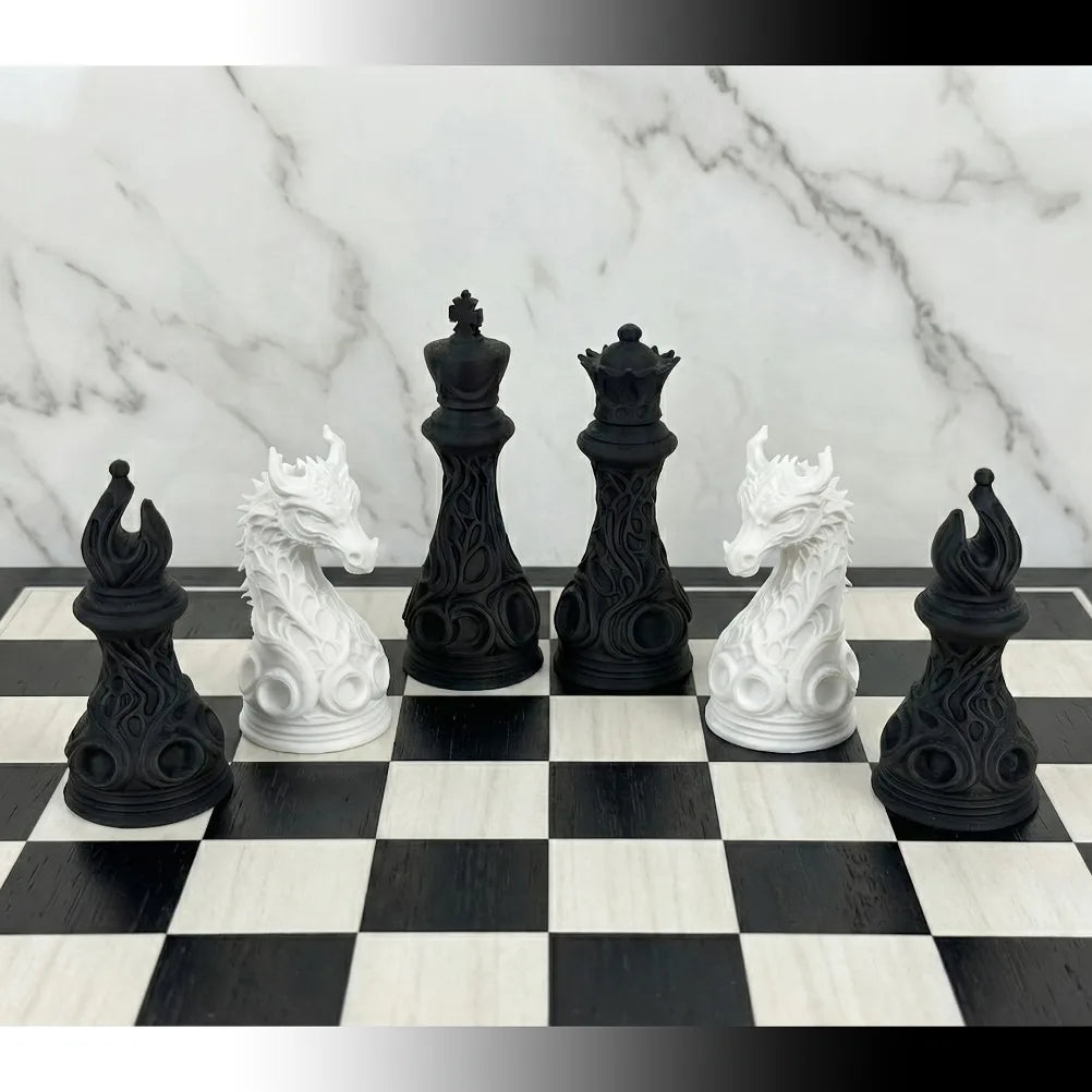 32pcs Gothic Dragon Chess Pieces Set Black White 3D Printed Hollow Design Tabletop Ornament Gift for Chess Lovers Oasis Select