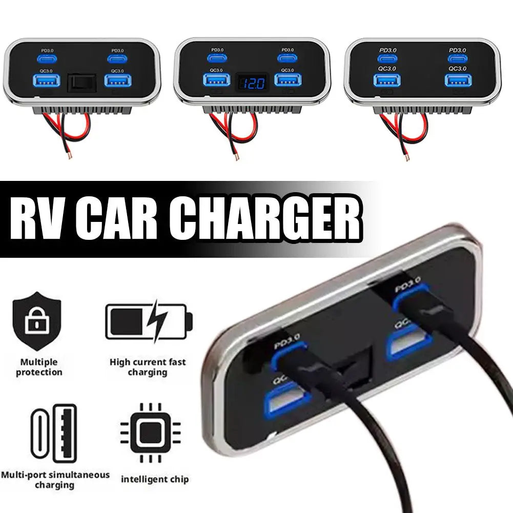 4-Port Car Charger Dual PD3.0 & QC3.0 Fast Charge 12–24V RV