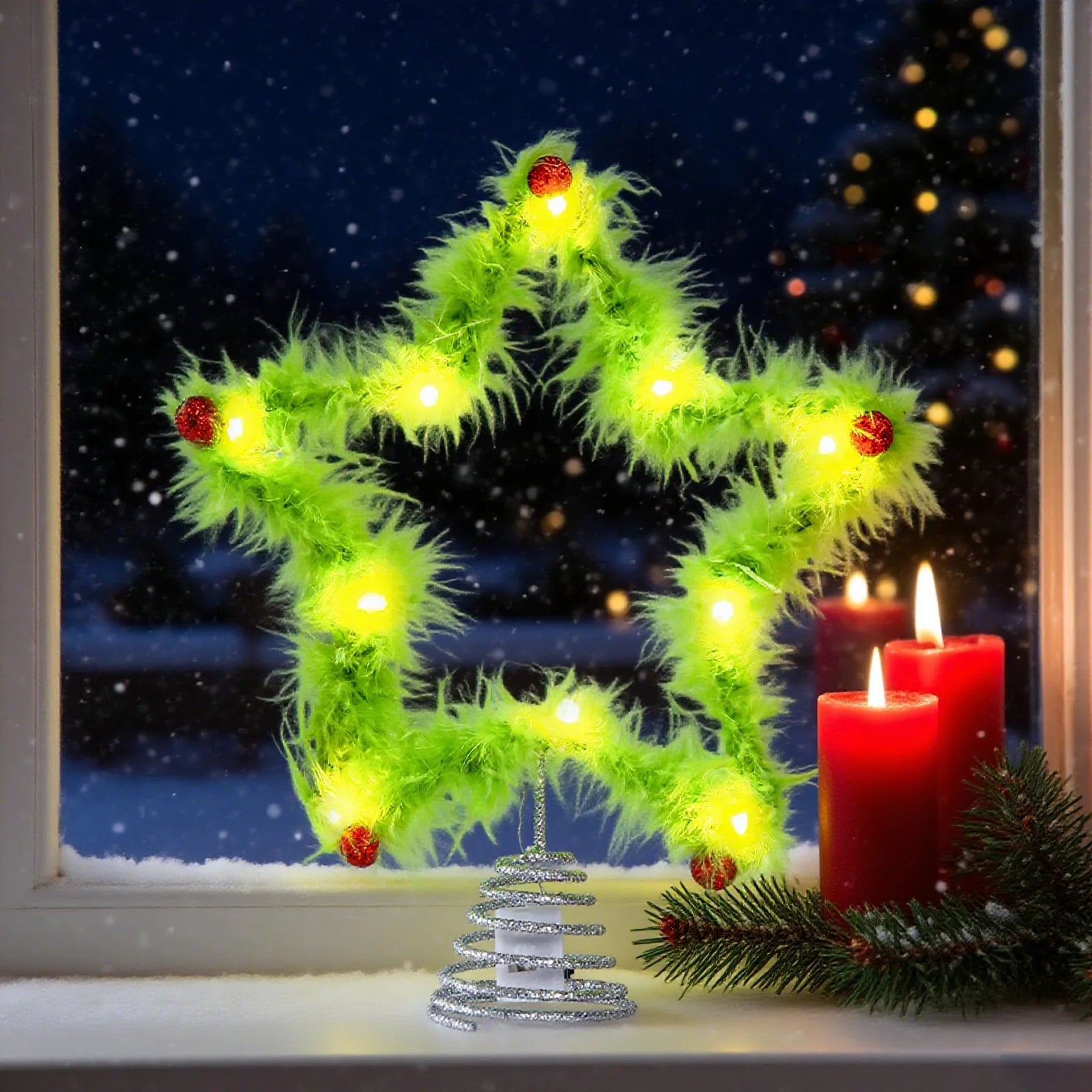 Christmas Fuzzy Grinch Star Tree Topper Iron Green Plush Holiday Festive Creative Home Party Decor Ornament Oasis Select