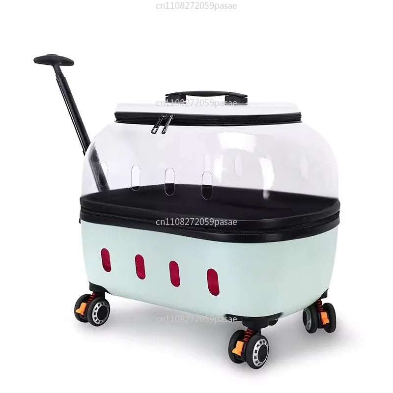 Fashion Transparent Cat Cage Large Capacity Pet Suitcase Breathable Cat Carriers Pull Rod/Handheld Dual Use Cat Transport Cart Oasis Select Green 48x35x46cm