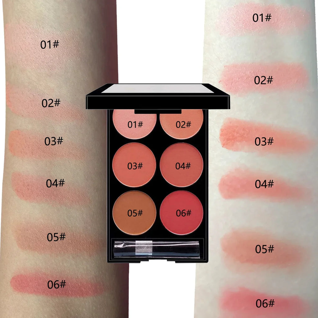 6-Color Blush & Contour Palette – Pearlescent & Matte Powder