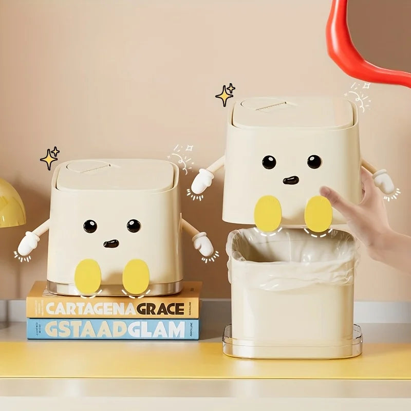 1 pc Cute Push-On Mini Trash Can with Brush, Compact Desktop Trash Can, Storage and Cleaning Function 2 in 1 Oasis Select