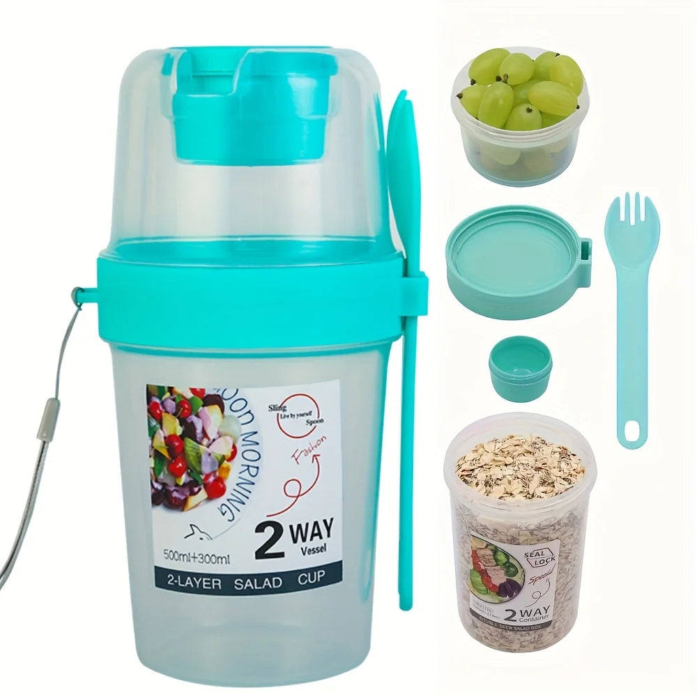 Portable Salad Cups Container Plastic with Lid and Fork Overnight cup Breakfast Oatmeal Cereal Nut Yogurt Cup School Lunch Box Oasis Select green