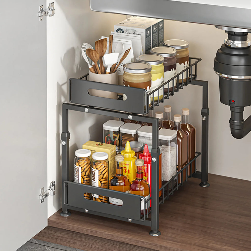 Kitchen cabinet under basket sink rack Adjustable double-layer dish seasoning storage rack Pull-out layered rack Oasis Select