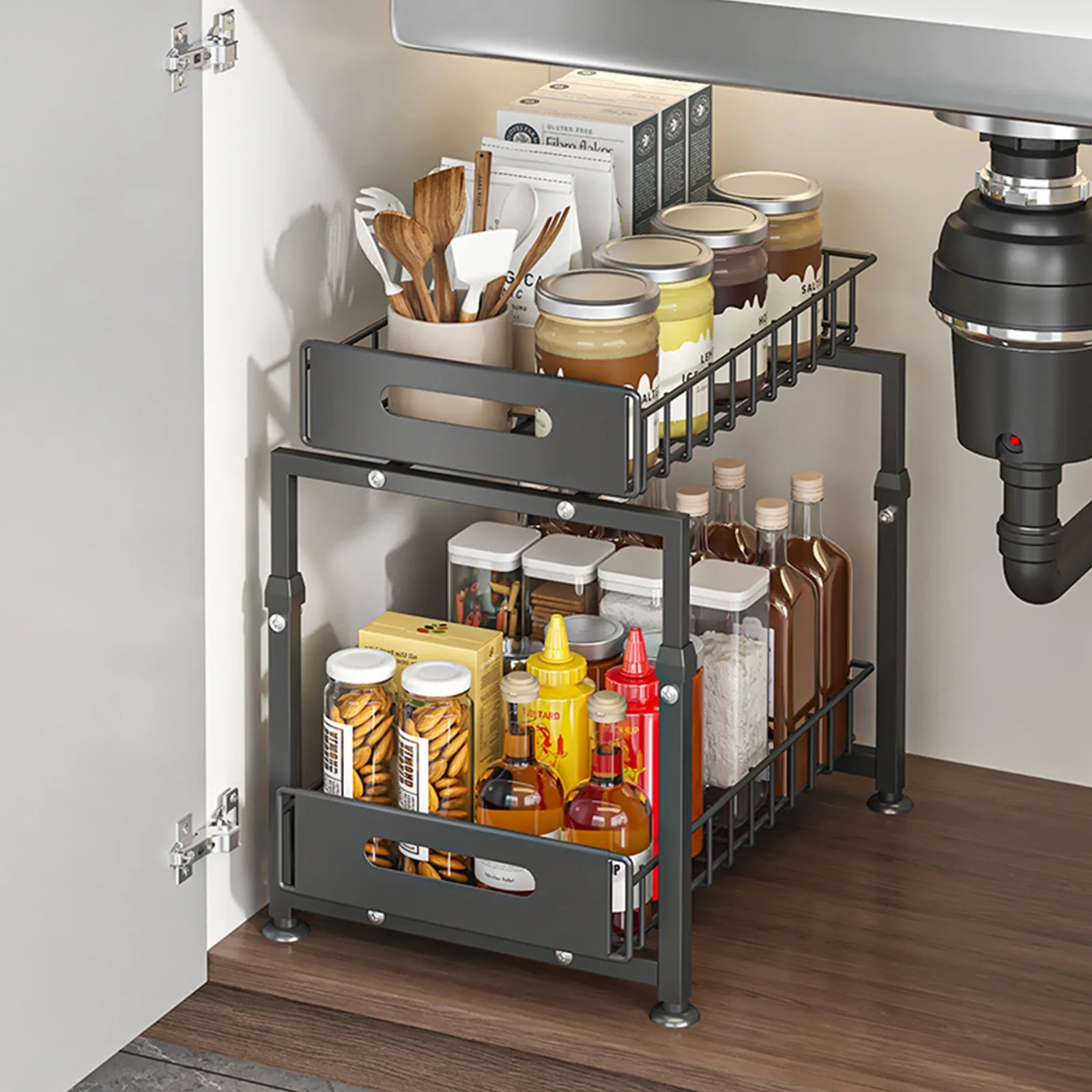 Kitchen cabinet under basket sink rack Adjustable double-layer dish seasoning storage rack Pull-out layered rack Oasis Select
