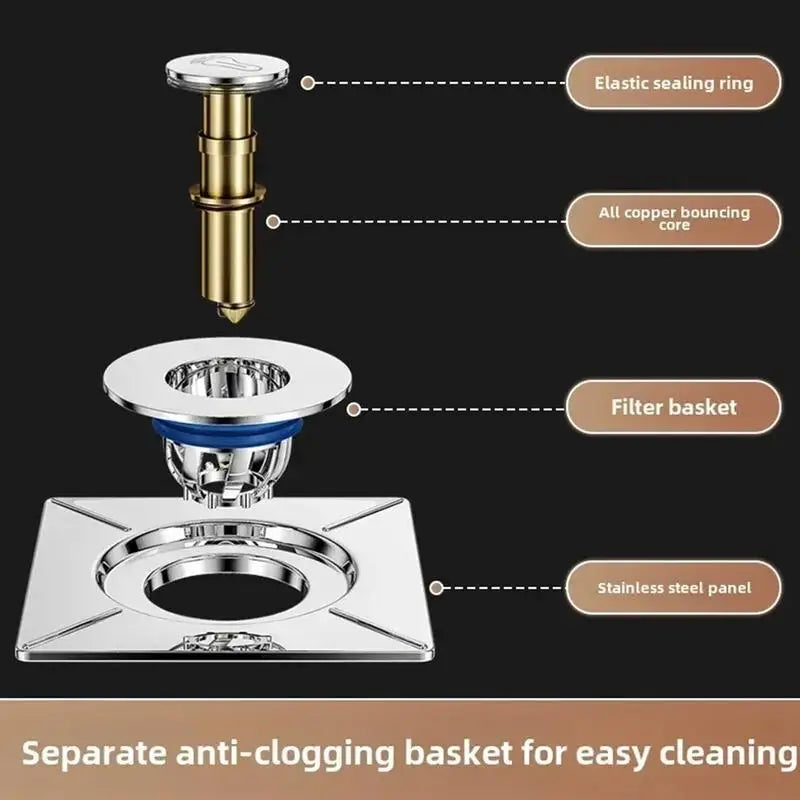 Bathroom Drain Stopper Shower Pop up Square Drain Strainer Sink Drain Stopper Foot Pedal Design Tub Hair Catcher for Home Oasis Select