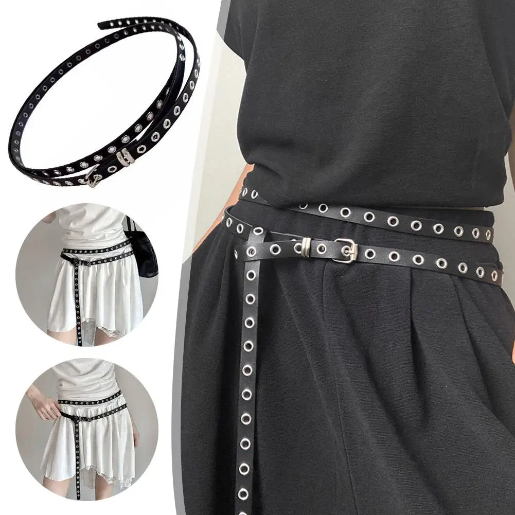 Punk Double Ring Thin Belt – PU Leather Women's Waistband