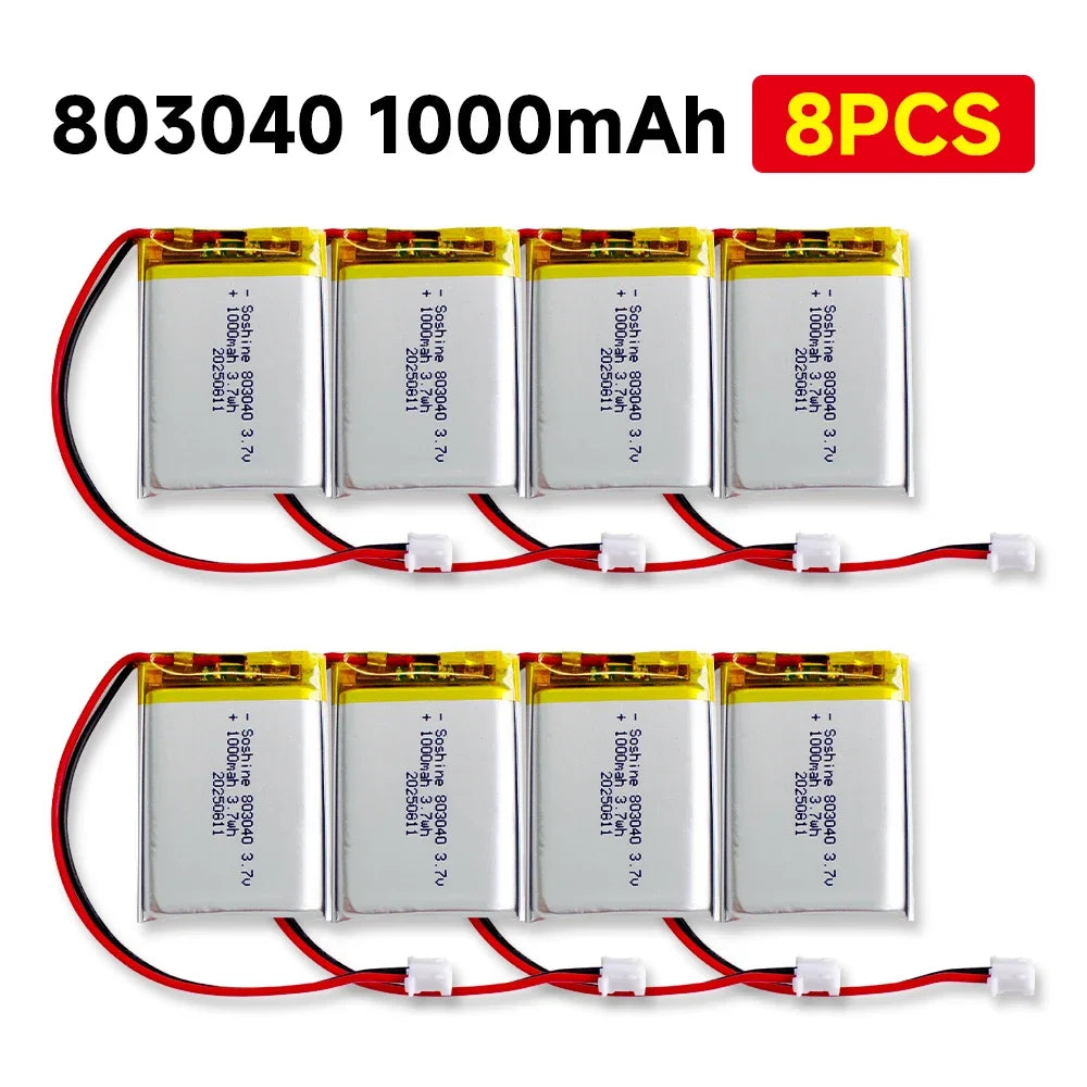 3.7V 803040 1000mAh LIPO Batteries 803040 Lithium Li-Ion Polymer Battery for Remote Control iPod Bluetooth Speaker GPS Oasis Select 803040 battery 8pc
