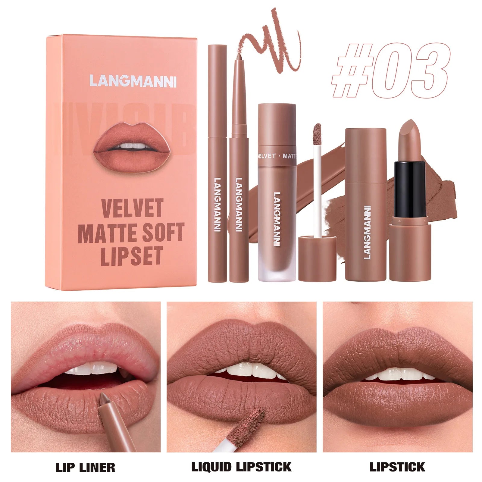 LANGMANNI 3-Piece Matte Lip Kit – Liquid Lipstick & Lipliner