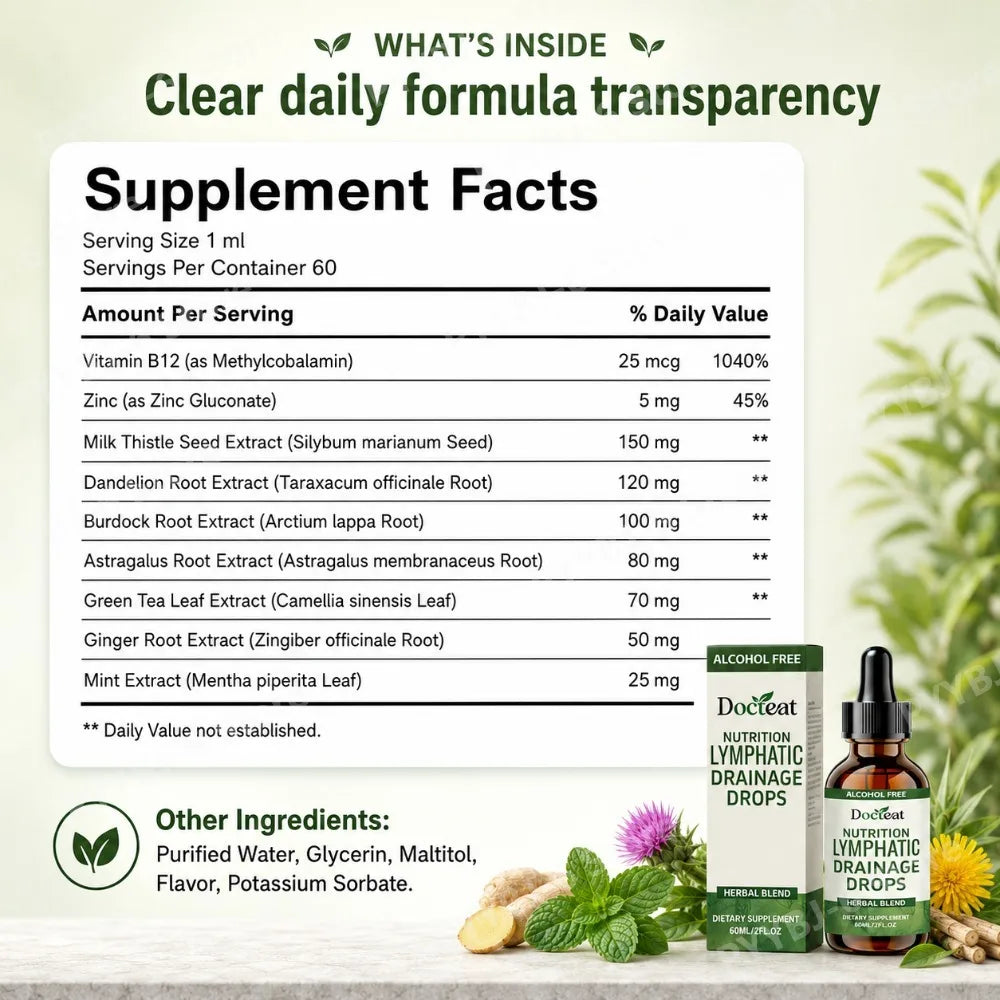Docteat Lymphatic Drops 60ml | Vitamin B12, Zinc & Dandelion Root Herbal Liquid Supplement Oasis Select