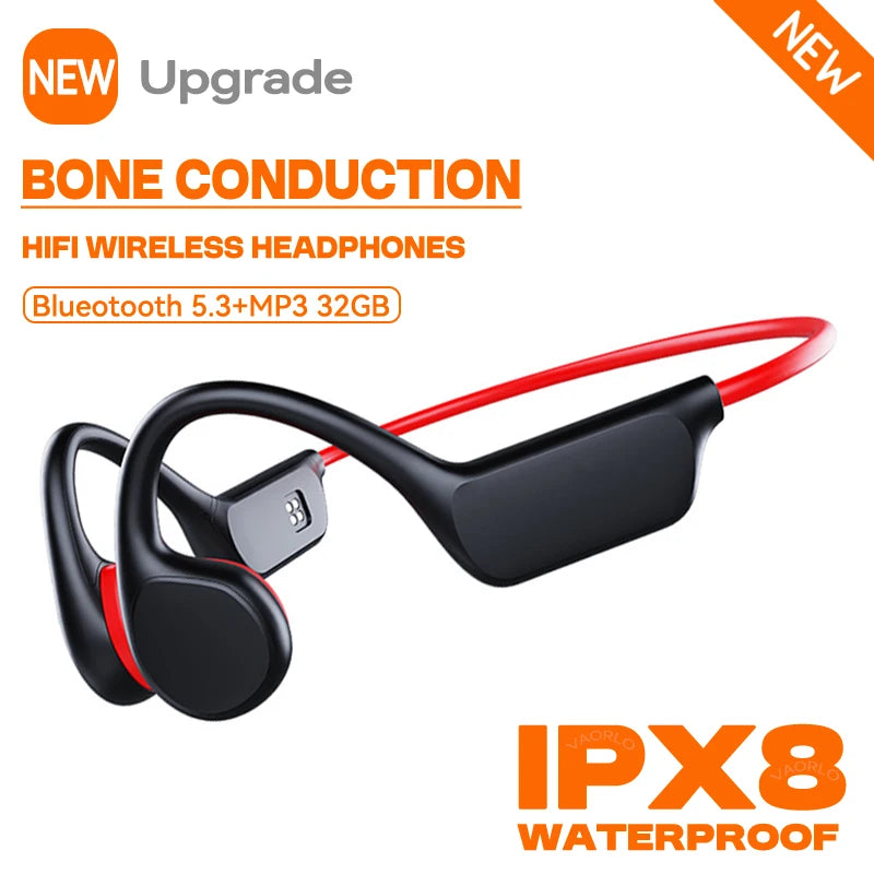 IPX8 Waterproof Bone Conduction Wireless Headphone Bluetooth 5.3+32GB RAM MP3 Player HIFI Music Sports Swimming Headset With Mic Oasis Select BlackRed 32GB
