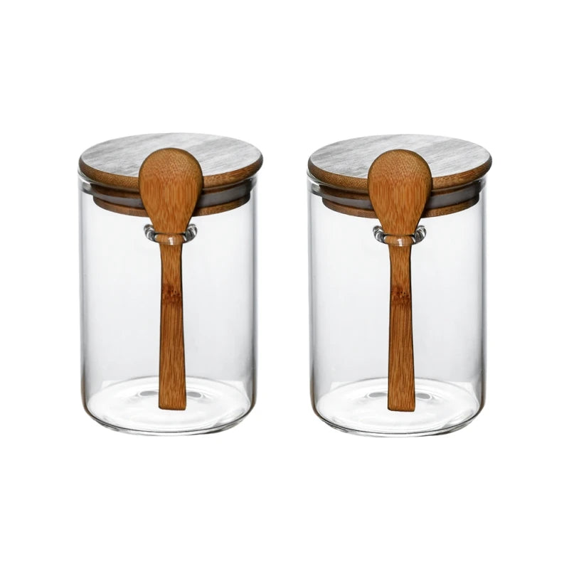 2Set High Borosilicate Glass Sealed Jar , with Bamboo Wooden Lids and Spoons – Hinged Lid Sealing Jars, Coffee Beans Containers Oasis Select 2pcs 85x150mm