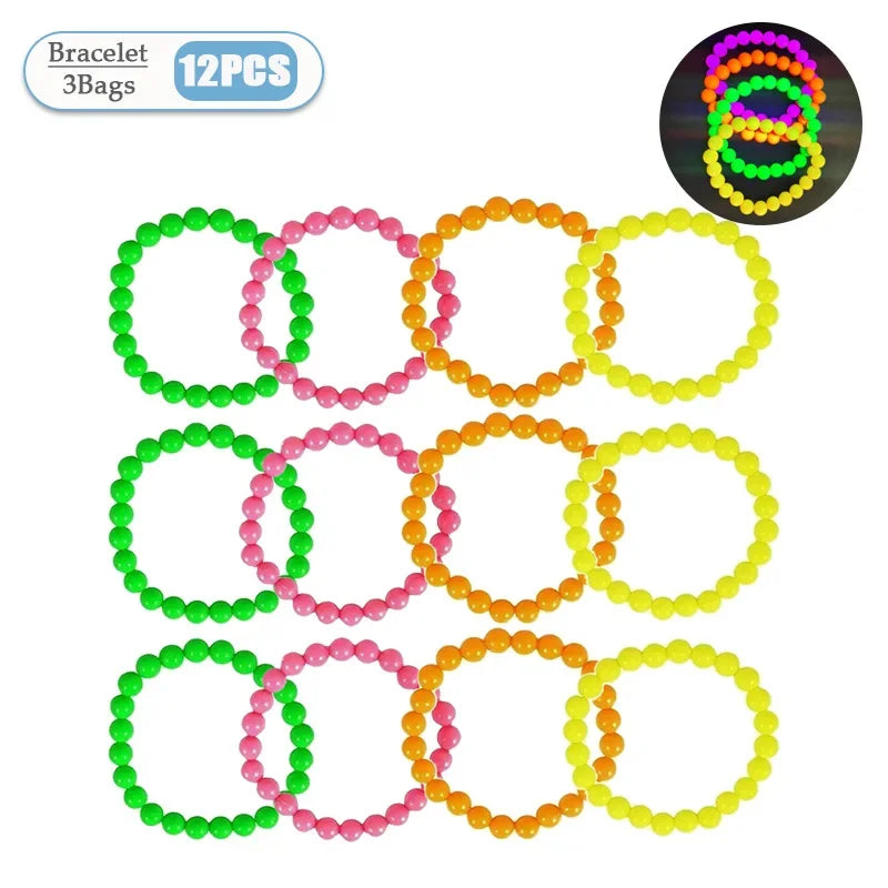 4-40PCS Connected Beads Necklace Neon Costume Accessory Set Bracelets Necklaces Photo Props Party Dress Up Bead Multicoloured Oasis Select Bracelet-12PCS