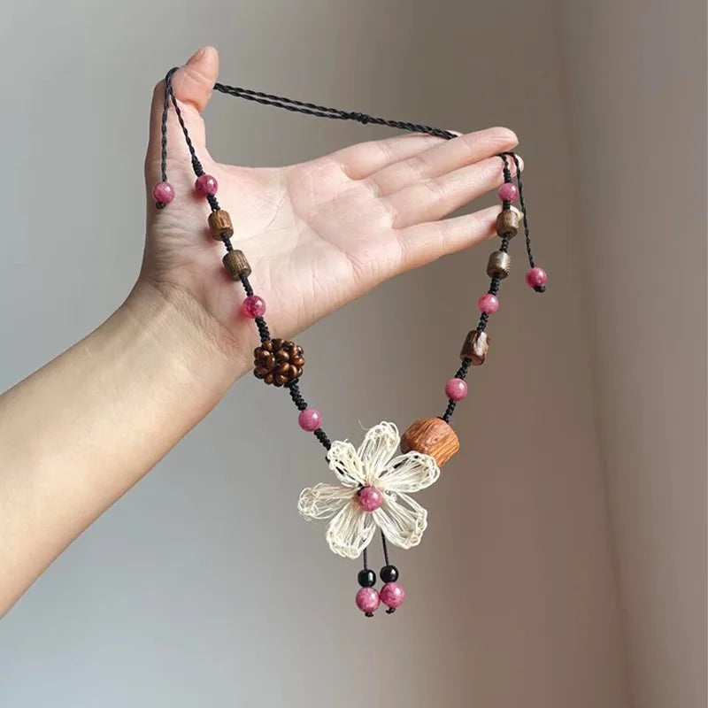 Retro New Flower Beaded Necklace Chinese Style Wood Bead Weaving Long Braided Rope Clavicle Chain Women's High Grade Neck Chain Oasis Select