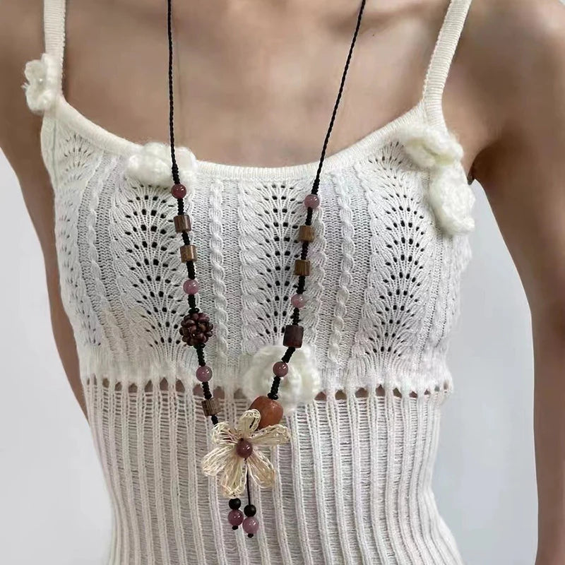Retro New Flower Beaded Necklace Chinese Style Wood Bead Weaving Long Braided Rope Clavicle Chain Women's High Grade Neck Chain Oasis Select