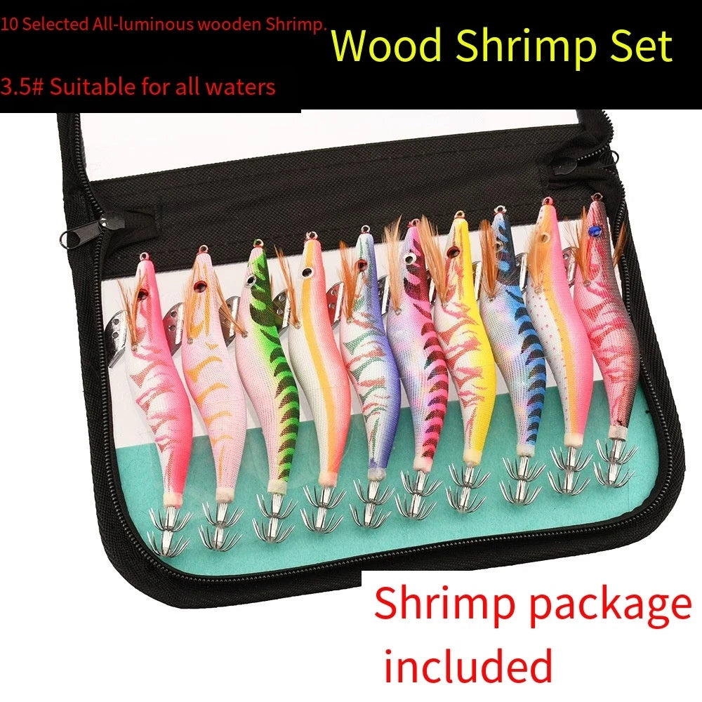 Luminous Squid Bait Set 13.5cm/21.5g Wooden Shrimp Bag with Squid Needle Lure Sea Fishing Jig 3.5# for Ocean Fishing Oasis Select