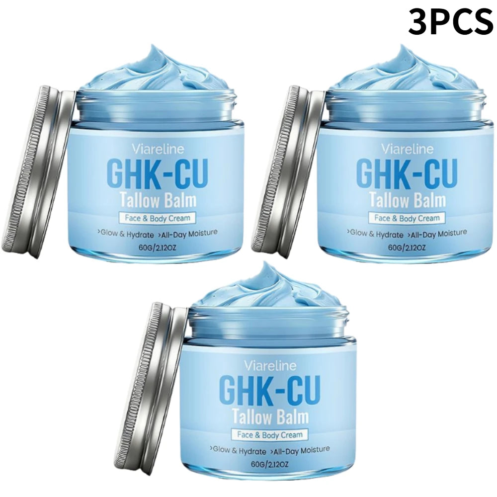 Natural GHK-CU Copper Peptide Tallow Balm Blue Cream - Brighten Hydrating Face & Body Moisturizer, for Dry Sensitive Mature Skin Oasis Select 3pcs
