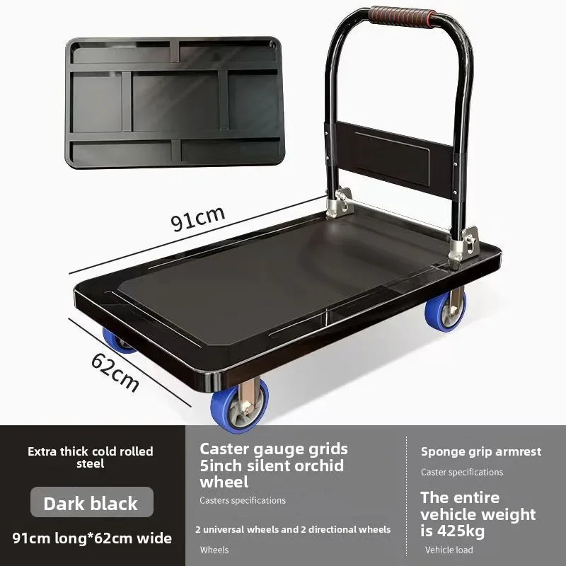 Multi-functional Color steel plate trolley Pull goods trolley Pallet flatcar Portable folding silent Oasis Select Black E